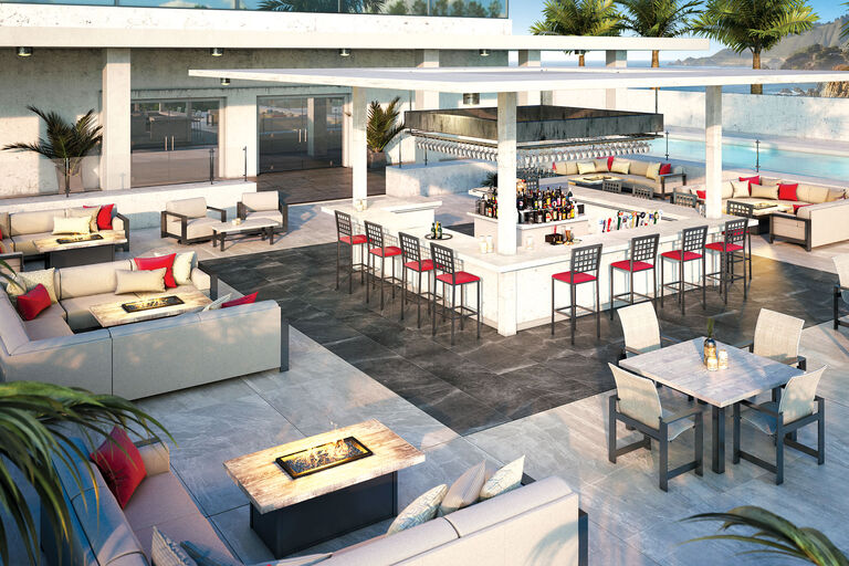 resort with commercial dining and lounge furniture with fire pits